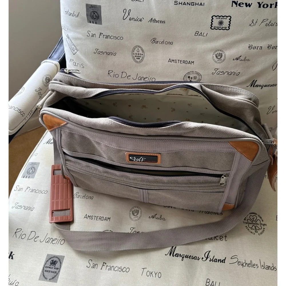 DVF Collection Taupe Canvas Messenger Travel Computer Carryon Bag Pockets Y2K
